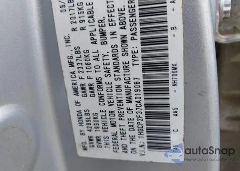 2012 Honda Accord 2.4 Lx из США, поврежденный, VIN 1HGCP2F37CA019067